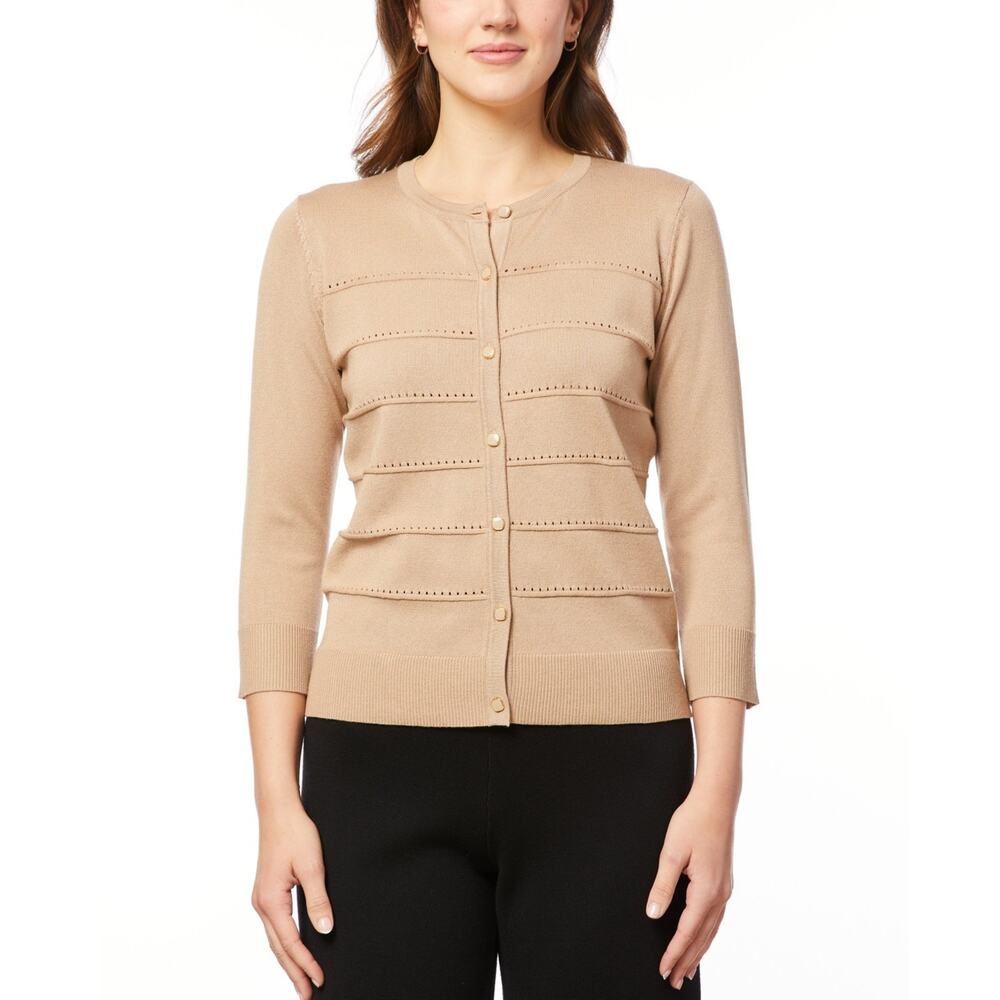 Melissa Paige Women's Pointelle-Striped Scoop-Neck Cardigan Camel Size Xs 1555